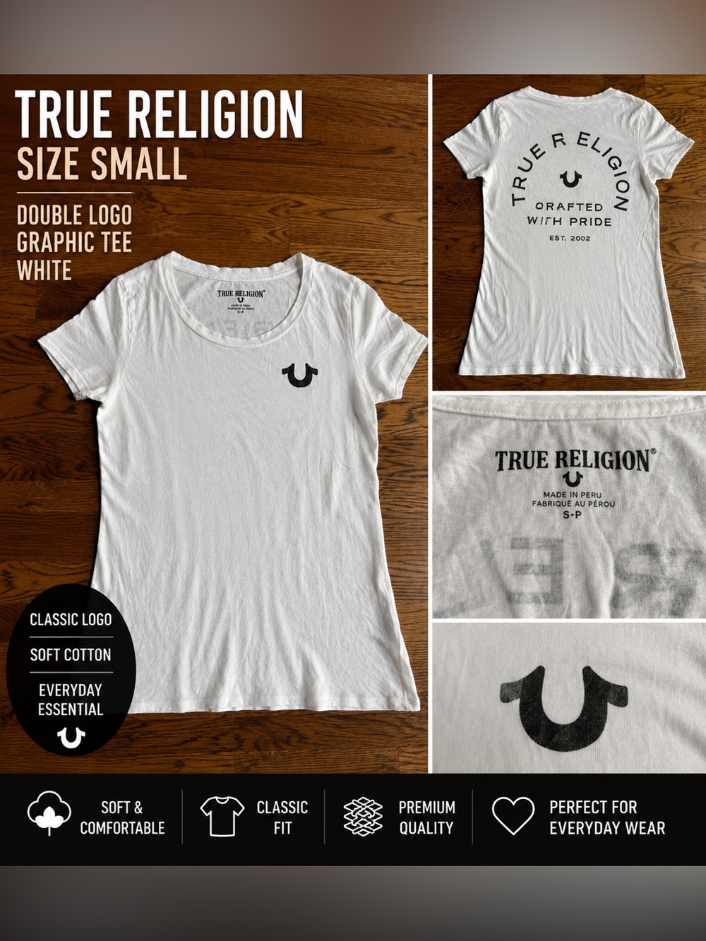 True Religion White Logo Graphic Tee Size Small Short Sleeve Cotton T-Shirt